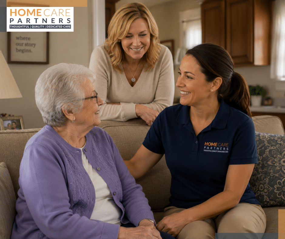 Caregiver in a navy polo with the Home Care Partners logo chats with an elderly woman on a sofa at home.